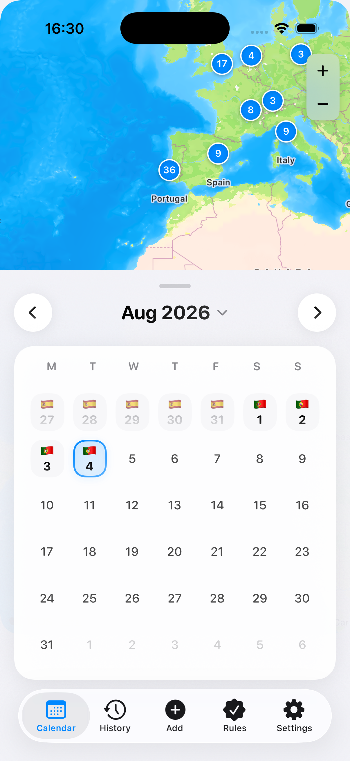 Days Monitor map with travel day calendar